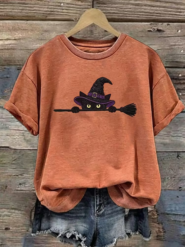 Women's Funny Magic Wizard Black Cat Pattern Casual Halloween T-shirt