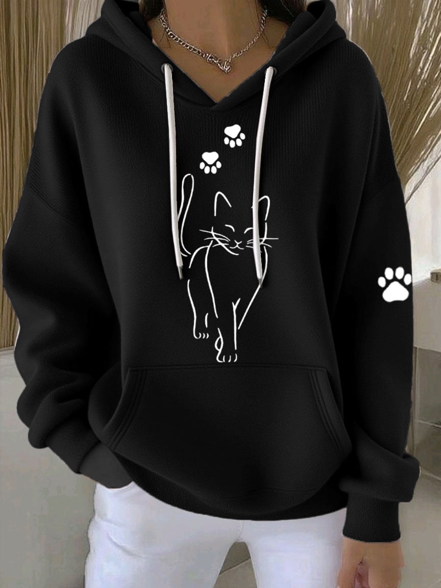 Women'S Cat Print Casual Hoodie
