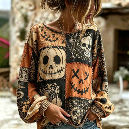 Women's Retro Halloween-style Bizarre Pumpkin Smiley Face Color Block Casual Linen Top