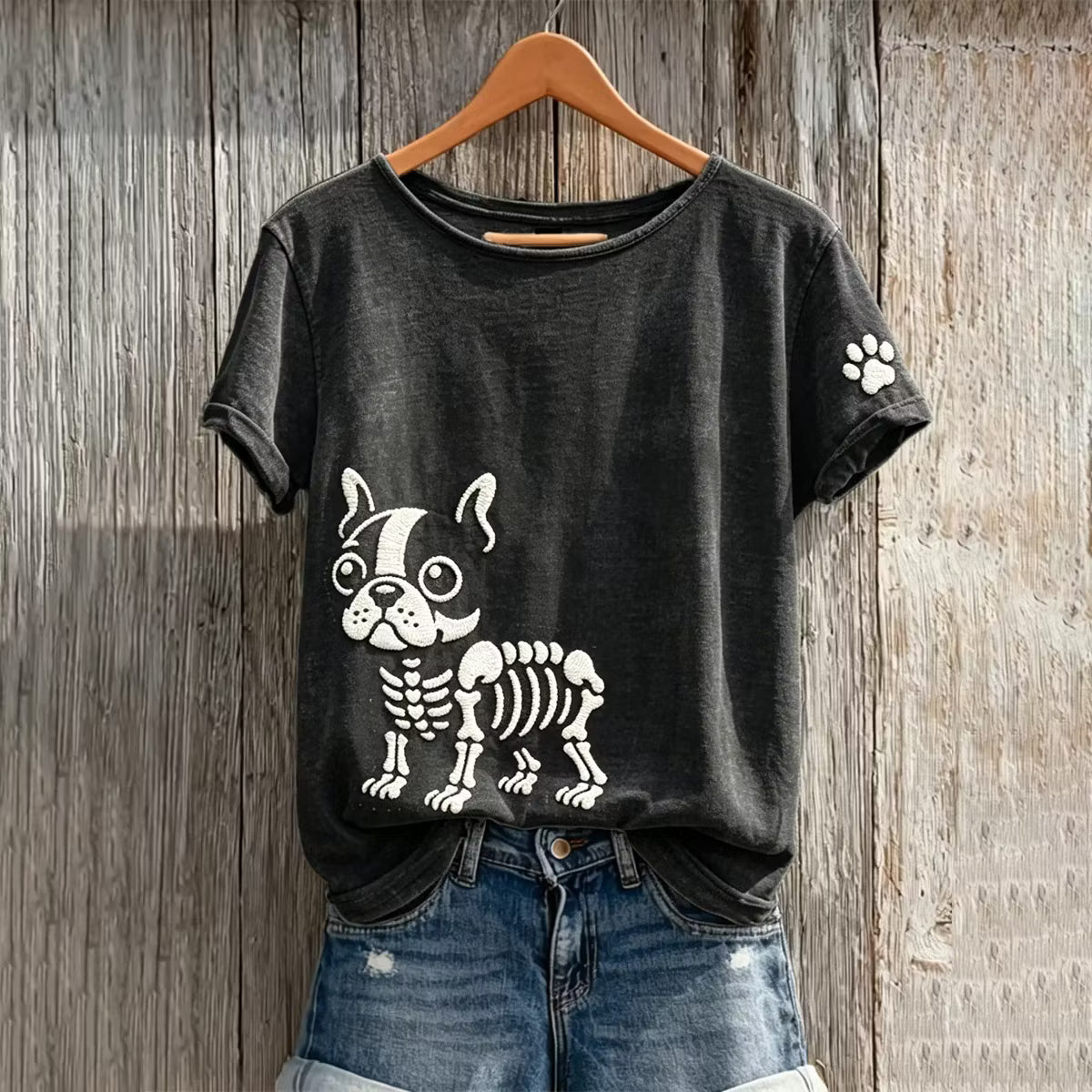 Women's Halloween Skull Boston Terrier Pattern Art Print Casual T-shirt