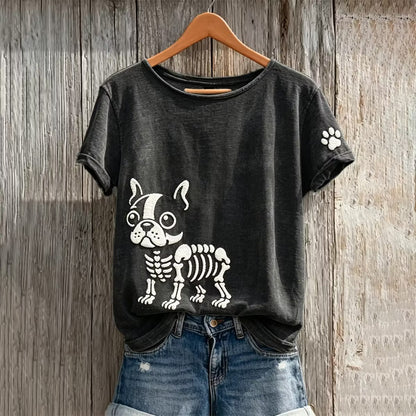 Women's Halloween Skull Boston Terrier Pattern Art Print Casual T-shirt