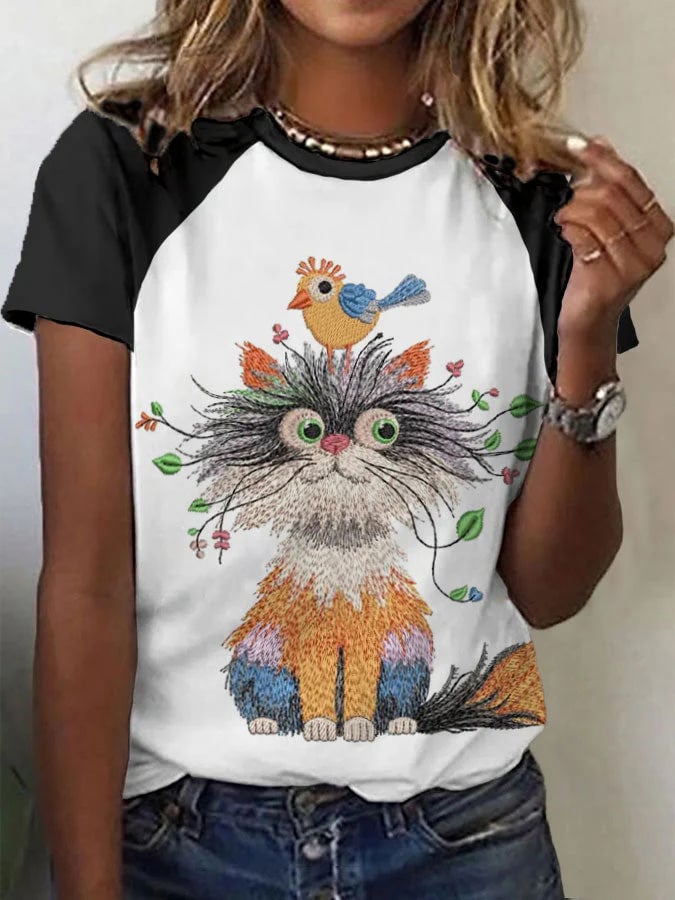 Women's Animal Cute Cat Graphic Print Raglan Comfortable T-shirt