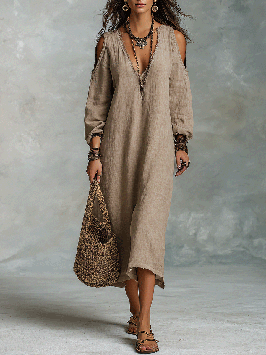 Relaxed Bohemian Cold-Shoulder Linen Midi Dress