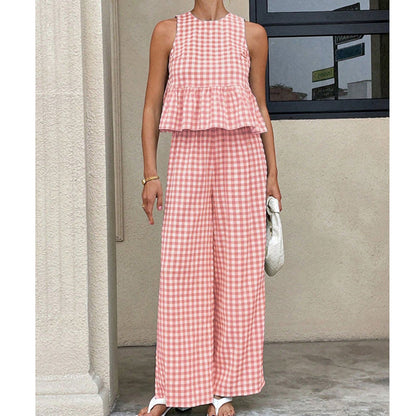 Women's 2 Piece Plaid Print Outfits Ruffle Top & Pants