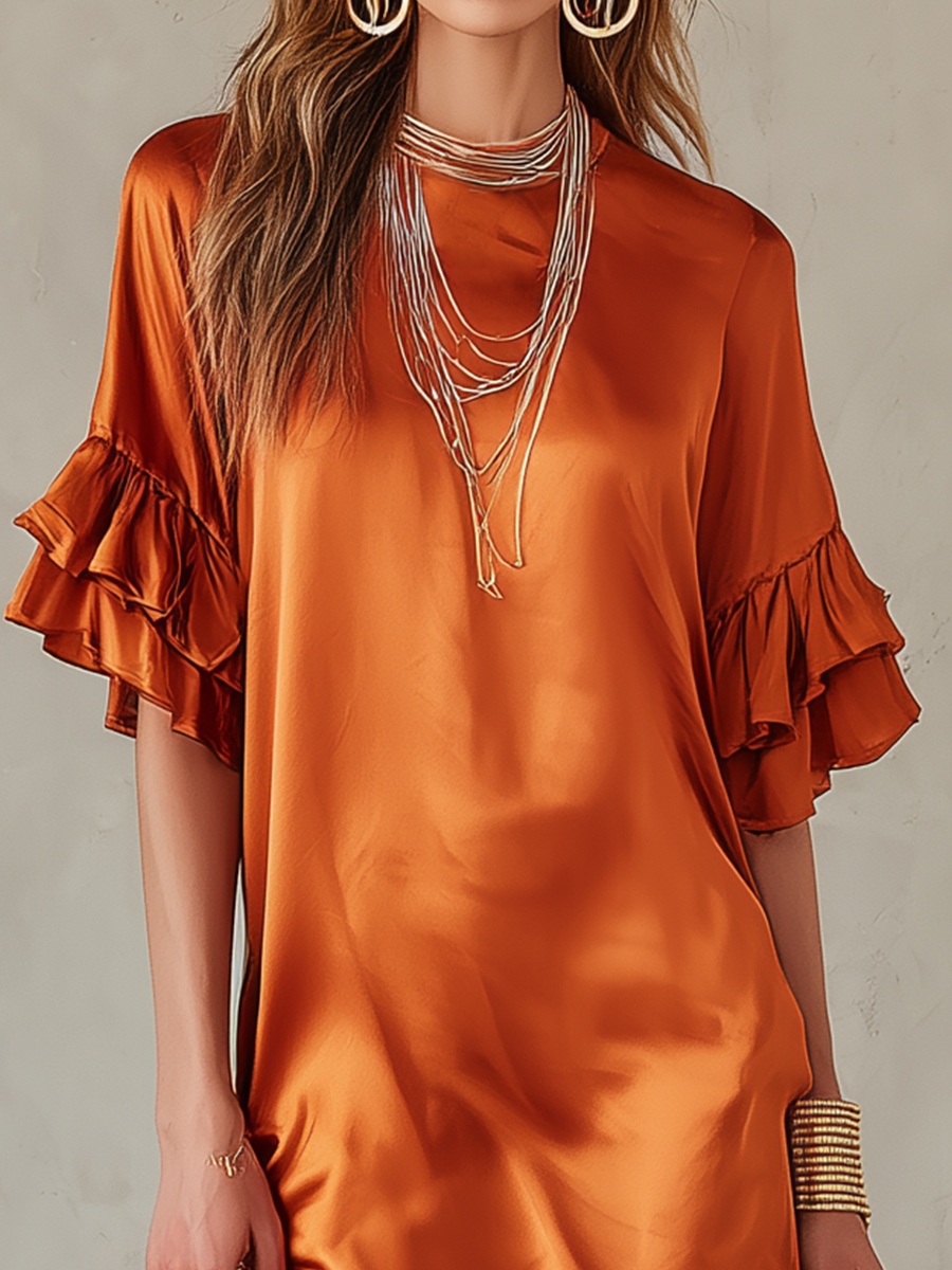 Elegant Rust Satin Ruffle-Sleeve Mini Dress