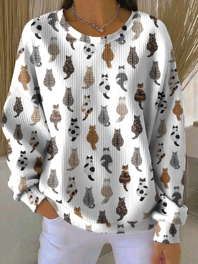 Women's Retro Cat Print Long Sleeve Top