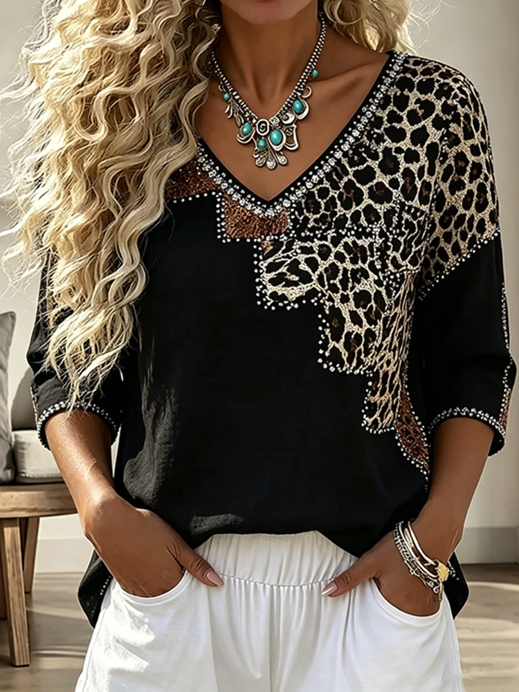 Women's Vintage Leopard And Animal Patchwork Art Print Flowy Linen Blend Three-quarter Sleeve V Neck Linen Tops