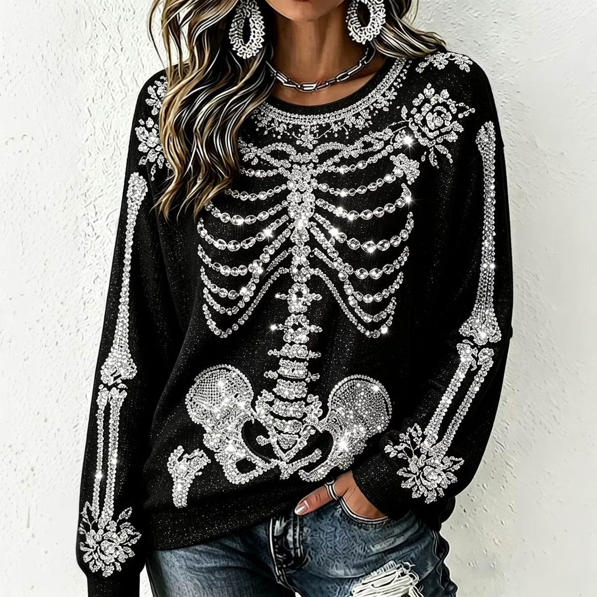 Women's Gothic Halloween Skull Rhinestone Art Crew Neck Sweatshirt