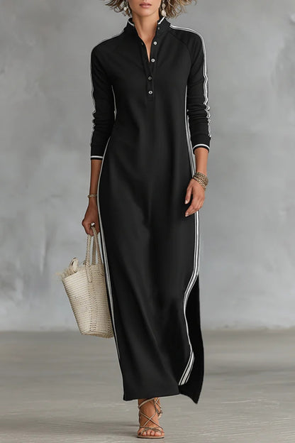 Women's Minimalist White-trimmed Button-down Collar Sweatshirt Dress Maxi Dress