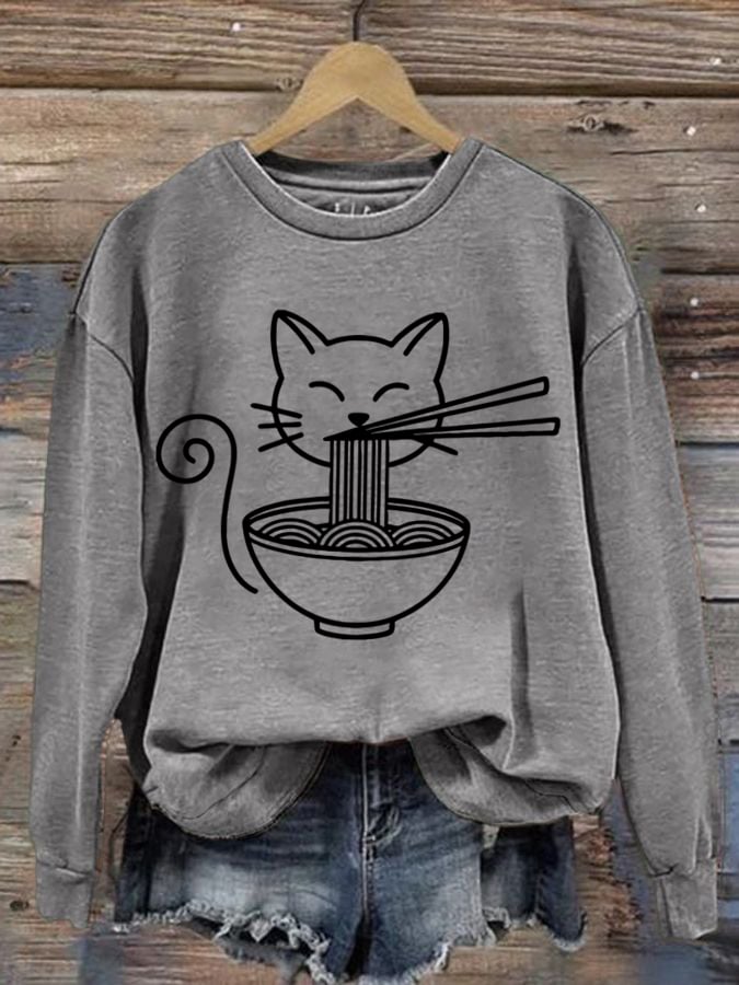 Women'S Minimalist Cat Eating Ramen Print Casual Sweatshirt