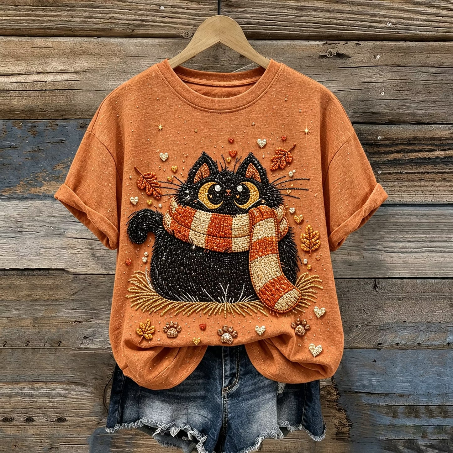 Women's Autumn Cat Art Print Crew Neck Short Sleeve Casual T-shirt