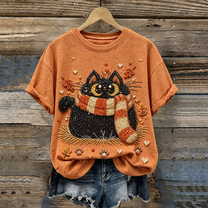 Women's Autumn Cat Art Print Crew Neck Short Sleeve Casual T-shirt