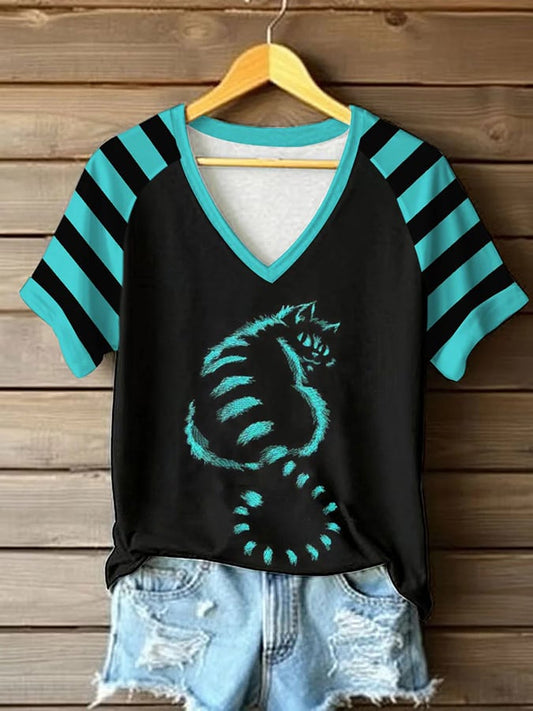 Women's Retro Cute Cat  Print Raglan Short Sleeve T-Shirt