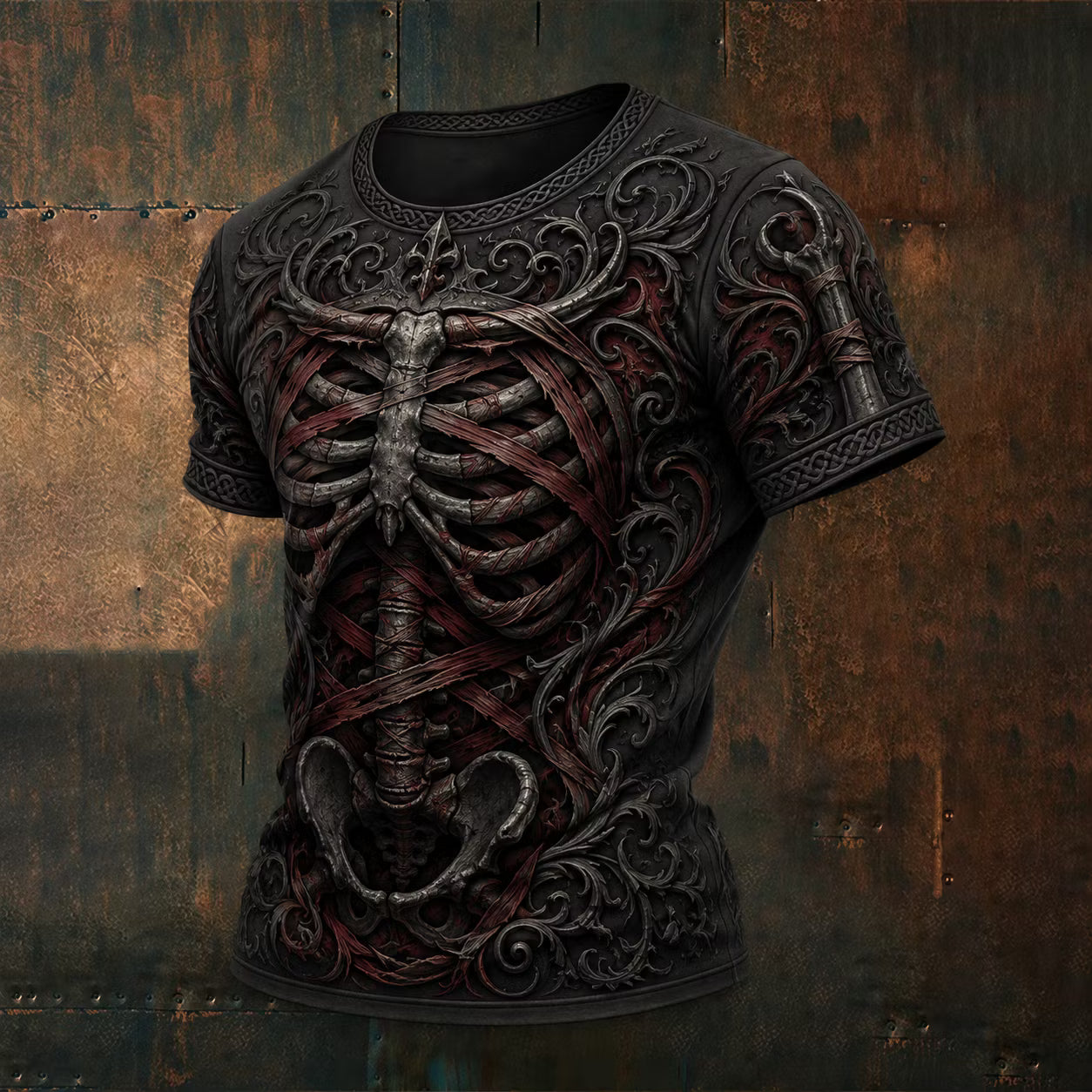 Men's Gothic Skeleton Floral Art Print Casual T-shirt