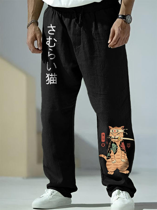 Men's Japanese Sushi Samurai Cat Graphic Print Casual Pants
