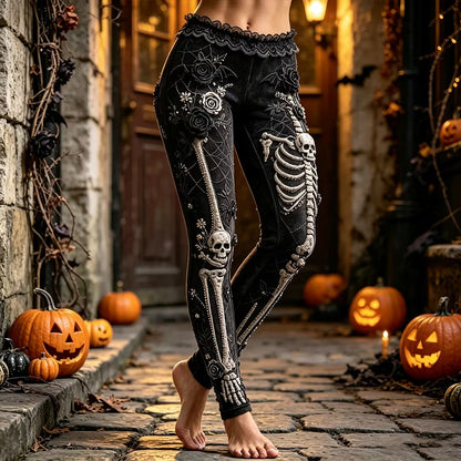 Women's Halloween Floral And Skull Art Casual Retro Leggings