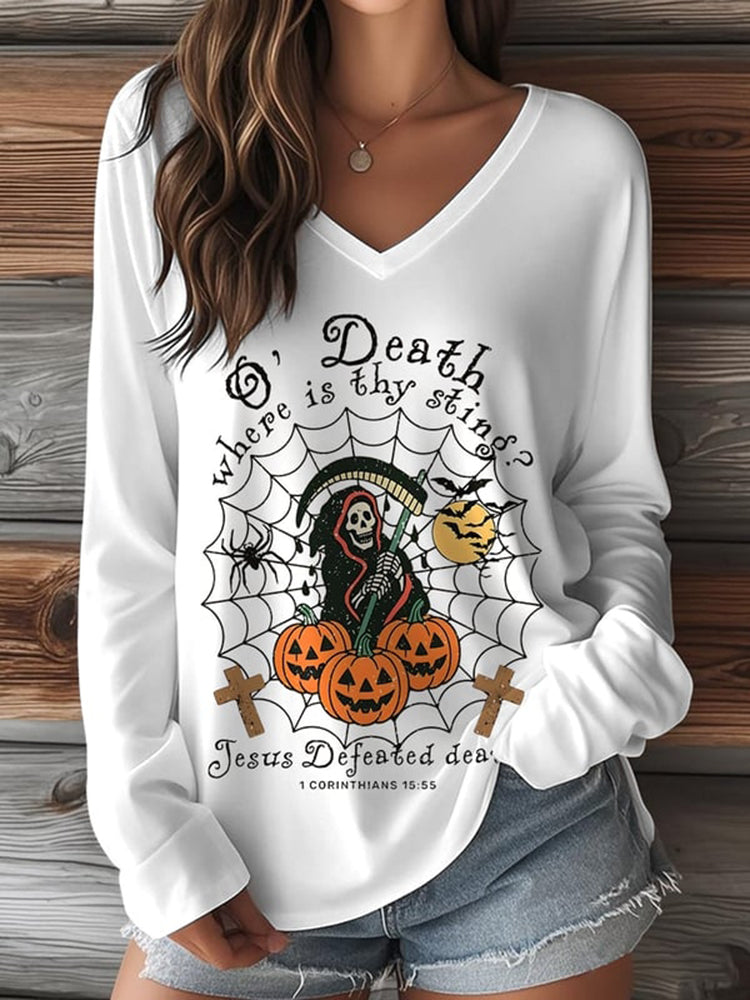 Women's Retro Halloween Faith Skull Pumpkin Print Casual V-neck Long Sleeve T-shirt