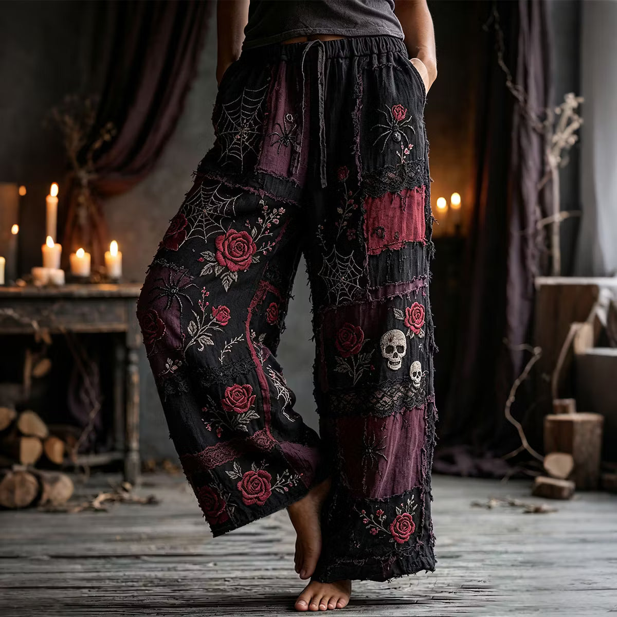 Women's Halloween Rose Skull Spider Color Block Cotton Linen Pants