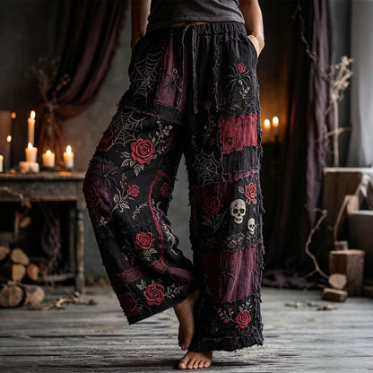 Women's Halloween Rose Skull Spider Color Block Cotton Linen Pants