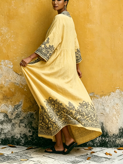 Bohemian Vintage-print Cotton-linen Maxi Dress