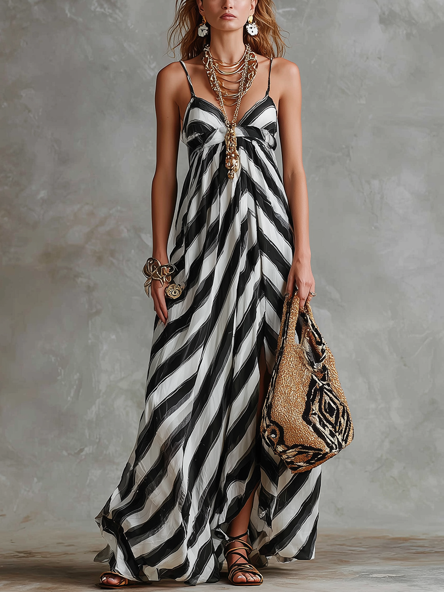 Bohemian Monochrome Striped Chiffon Slip Dress