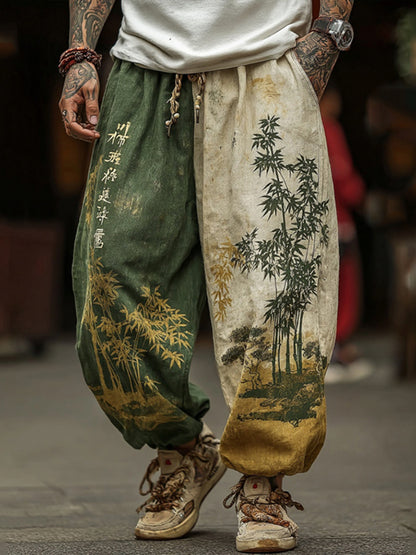 Men's Retro Plants Bamboo Calligraphy Japanese Art Print Loose Drawstring Waist Sweatpants