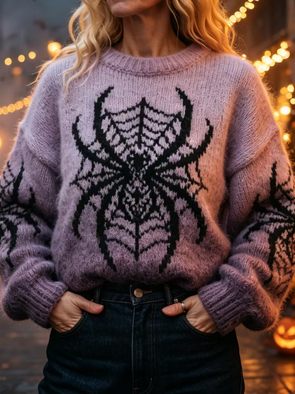 Women's Gothic Oversized Spider Web Print Crewneck Knit Sweater