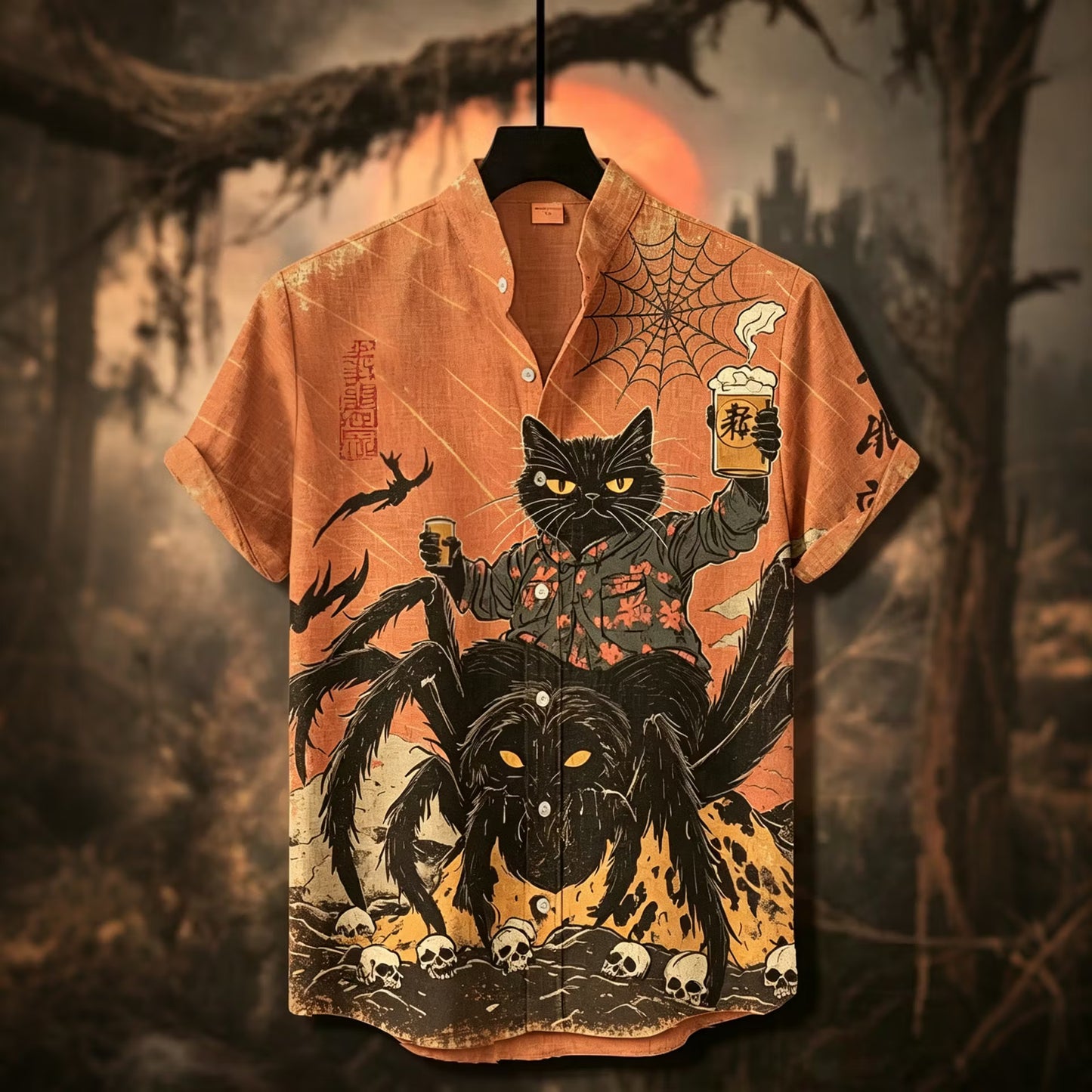 Men's Halloween Vintage Black Cat Holding Beer Riding Spider Skeleton Dark Art Short Sleeve Shirt