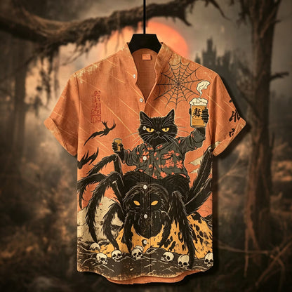 Men's Halloween Vintage Black Cat Holding Beer Riding Spider Skeleton Dark Art Short Sleeve Shirt