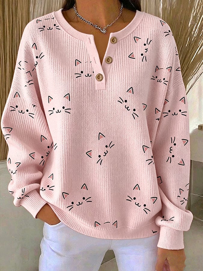 Women's Casual Cat Print Button-Up Collar Knit Top
