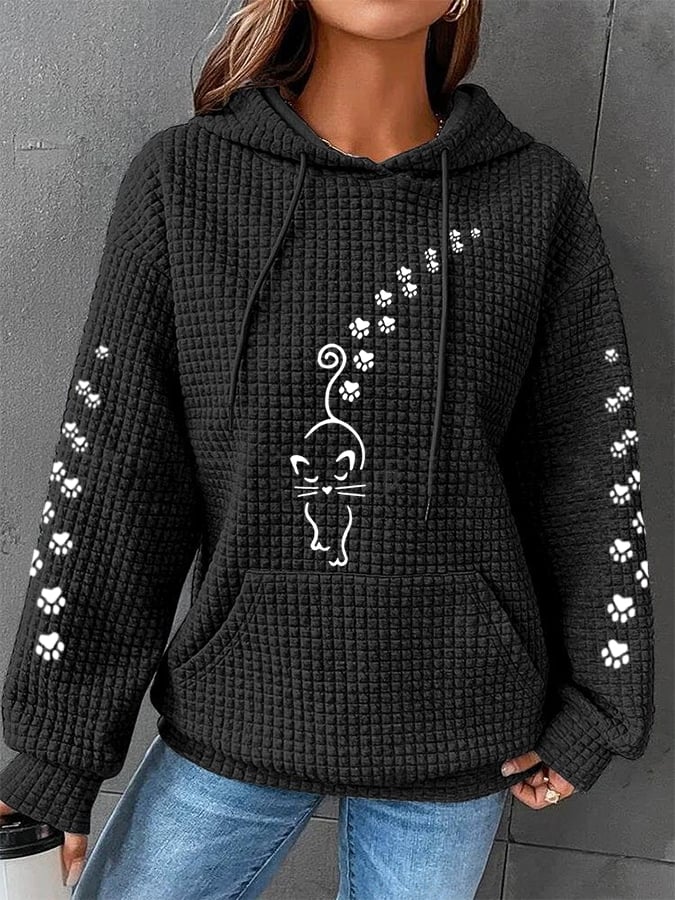 Women's Cute Cat Paw Print Cat Lovers Casual Waffle Hoodie