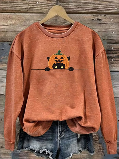Women's Funny Pumpkin With Black Cat Pattern Casual Halloween Sweatshirt