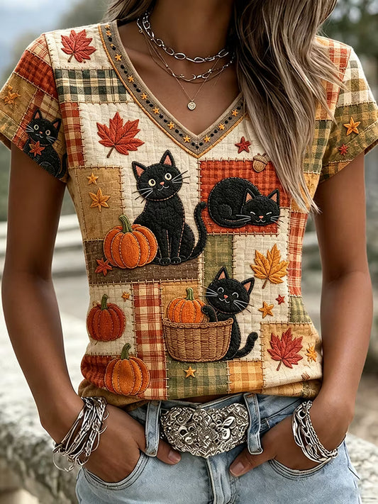 Women's Pumpkin Cat Patchwork Art Print V-neck Short Sleeve Casual T-shirt