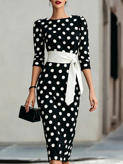 Elegant Artistic Polka-dot Print Stretch Dress