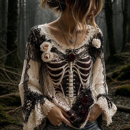 Women's Vintage Halloween Rose And Human Skeleton Art Crew Neck Long Sleeve T-shirt