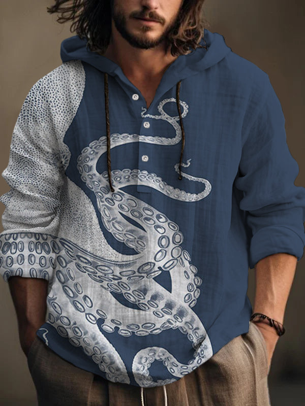 Men's Japanese Art Octopus Graphic Printed Hooded Shirt