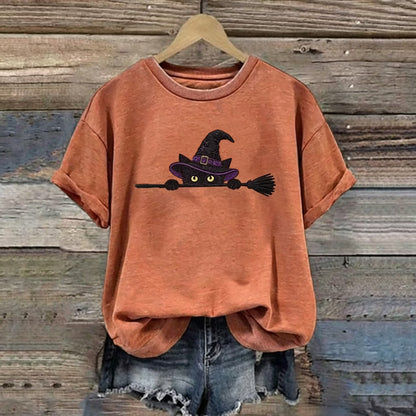 Women's Funny Magic Wizard Black Cat Pattern Casual Halloween T-shirt