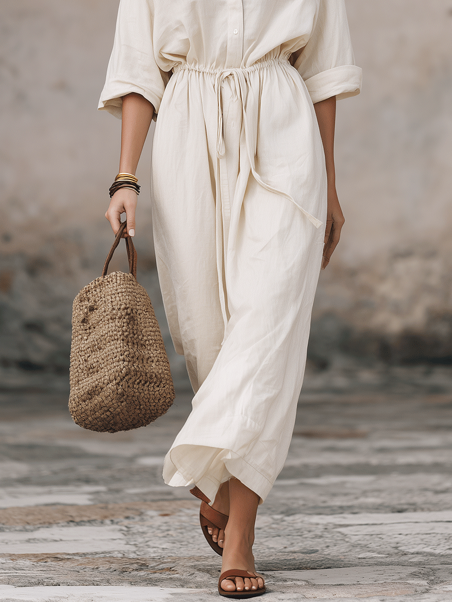 Effortless Bohemian Linen Shirt Maxi Dress With Drawstring Waist