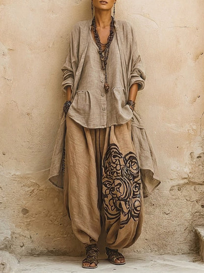 Casual Bohemian-style 3-piece Set: Linen & Cotton Cardigan, Sleeveless Top, And Pants