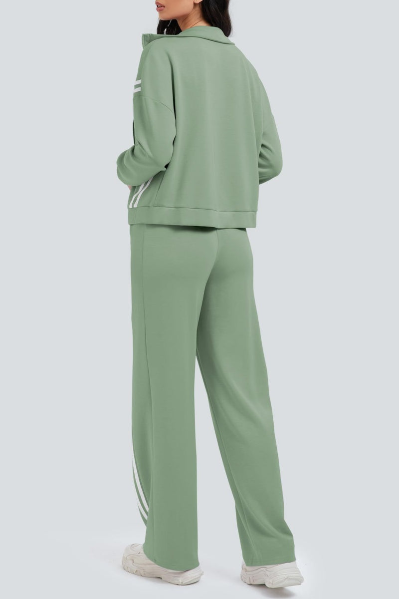 Zippered Tracksuit With Color-blocked Striped Wide-leg Pants