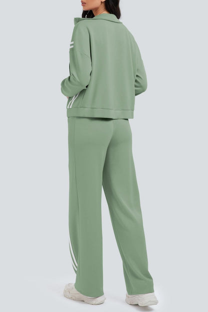Zippered Tracksuit With Color-blocked Striped Wide-leg Pants