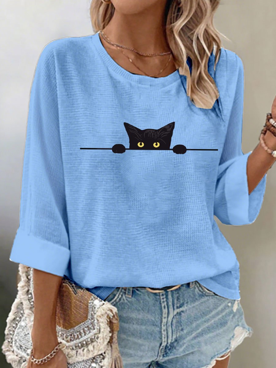 Women's Cat Print Waffle Long Sleeve T-Shirt