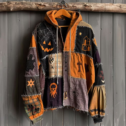 Halloween Horror Element Patchwork Stitched Comfortable Cotton And Linen Casual Hoodie