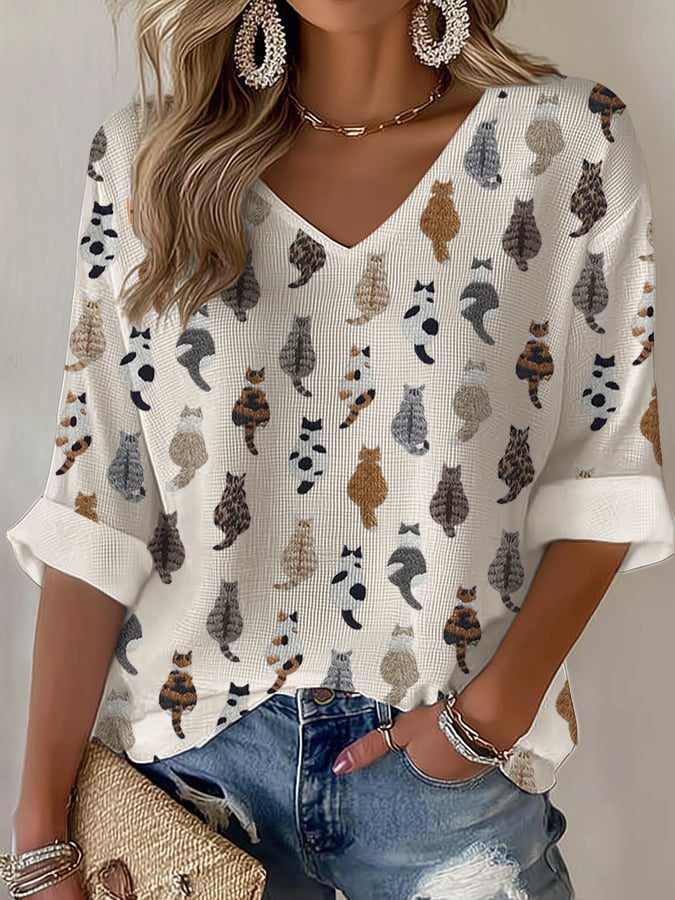 Women's Cute Cat Print Waffle T-shirt