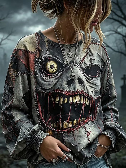 Women's Patchwork Gothic Halloween Emoji Print Long-sleeved Round Neck Cotton Linen T-shirt
