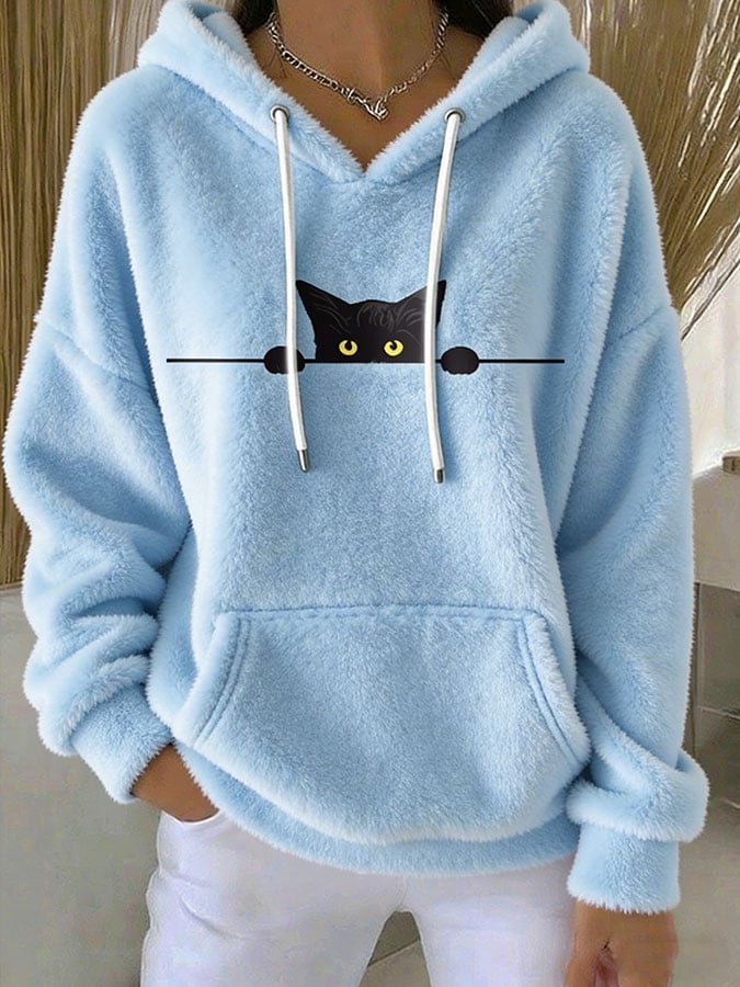 Women's Cute Cat Print Plush Hooded Sweatshirt