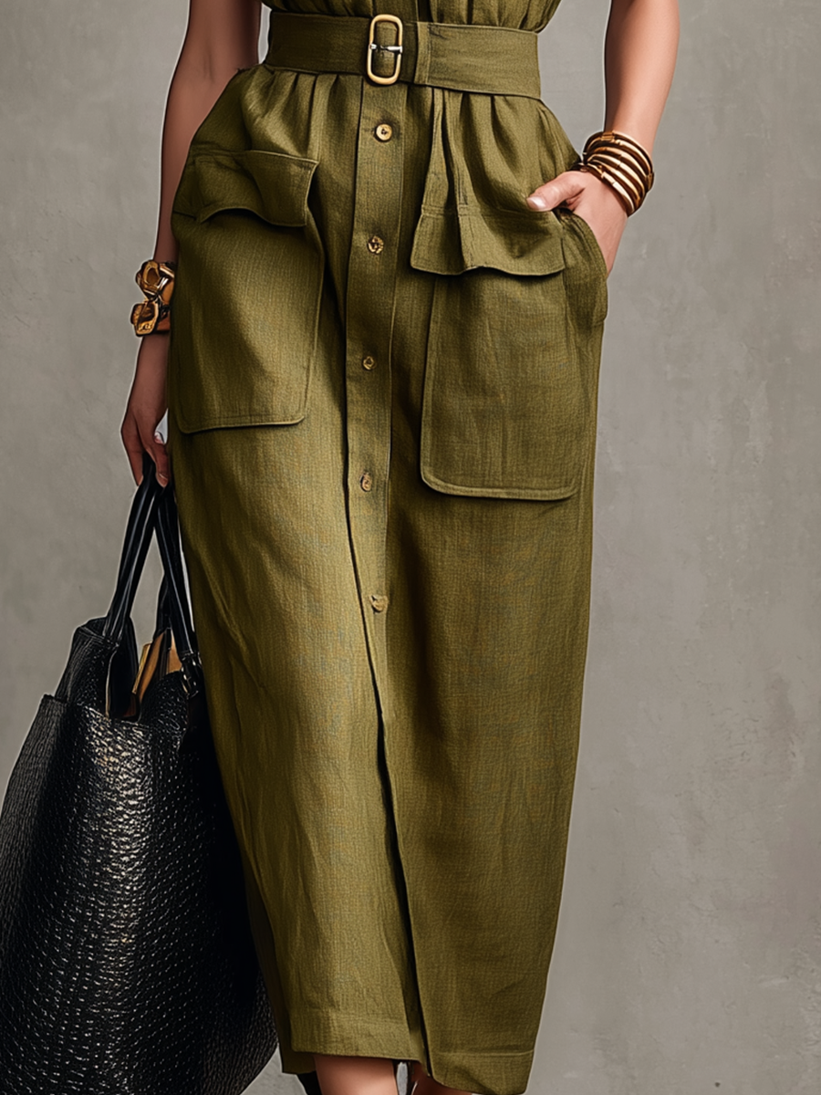 Sophisticated Utility Linen Sleeveless Midi Dress In Olive Green