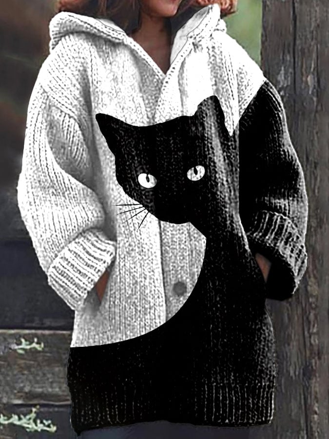 Women's Casual Cat Print Knitted Fabric Plush Jacket