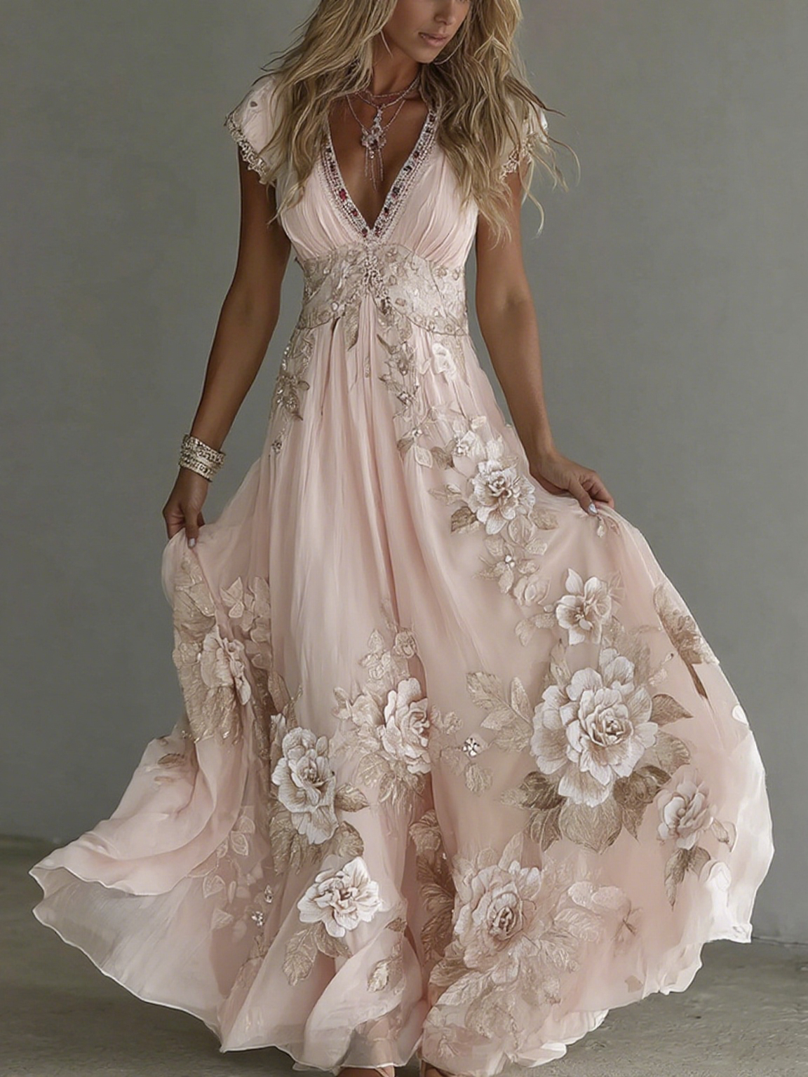 Women's Vintage Boho Floral Art  Short-sleeved Maxi Dress