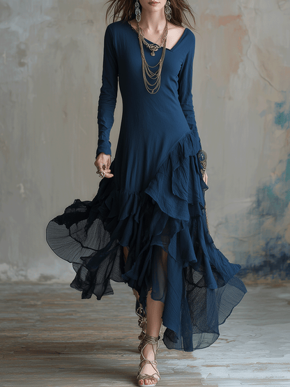Bohemian Asymmetric Ruffle Chiffon Maxi Dress Navy Blue